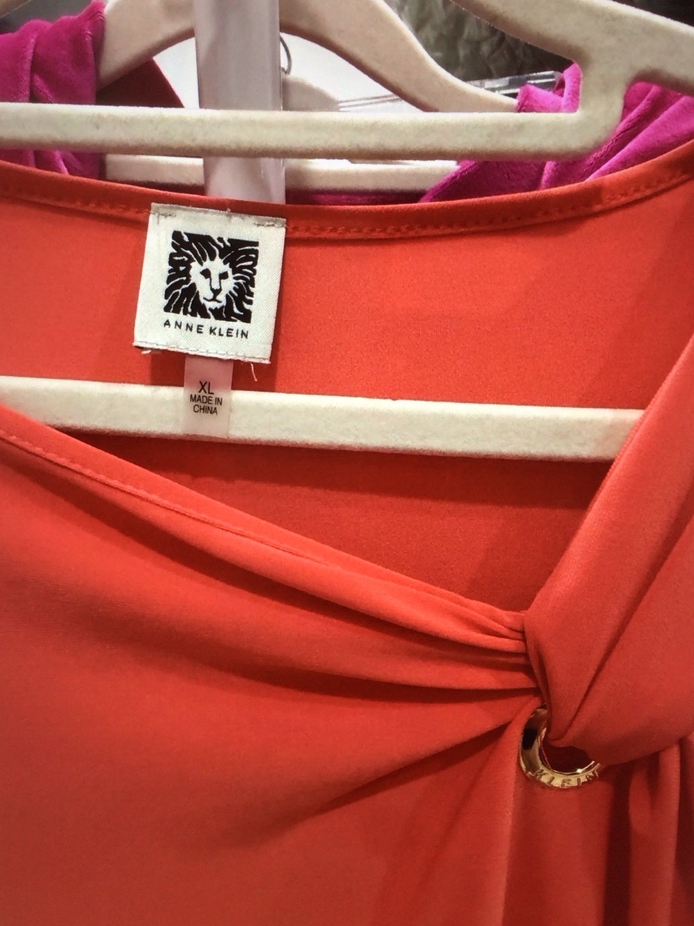 Anne Klein Coral-Orange Long Sleeve Top with Knot & Ring - Picture 3 of 6